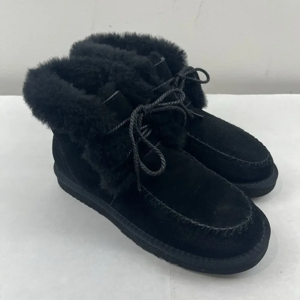 LAMO Camille Winter Boots Women’s Size 9 Black Suede Sheepskin Fur Lace Up